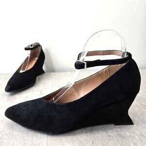 Pointed Toe Wedge Heel Pumps 8 Black Suede Dressy Witchy Ankle Strap Shoes